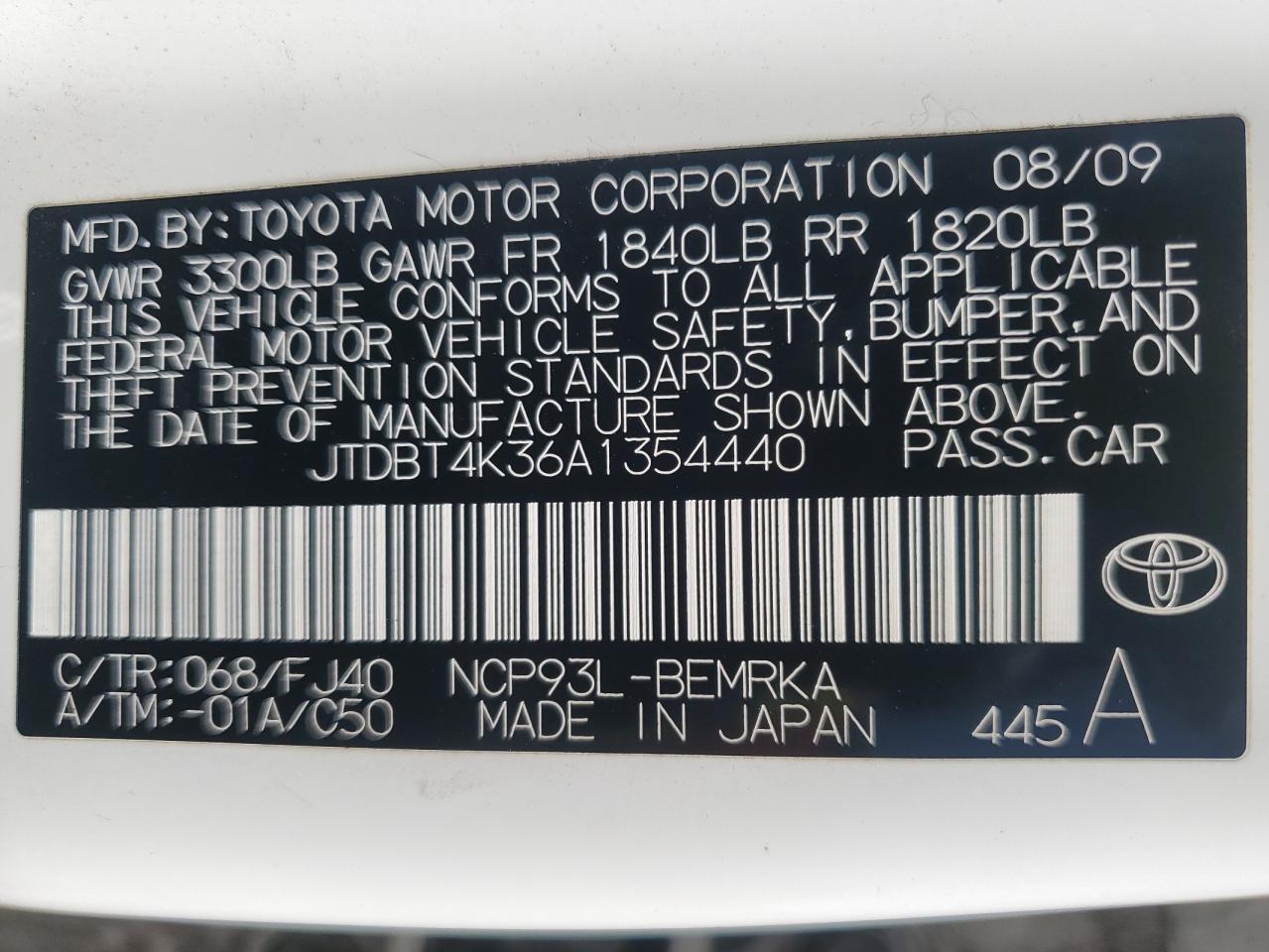 2010 Toyota Yaris VIN: JTDBT4K36A1354440 Lot: 72957994