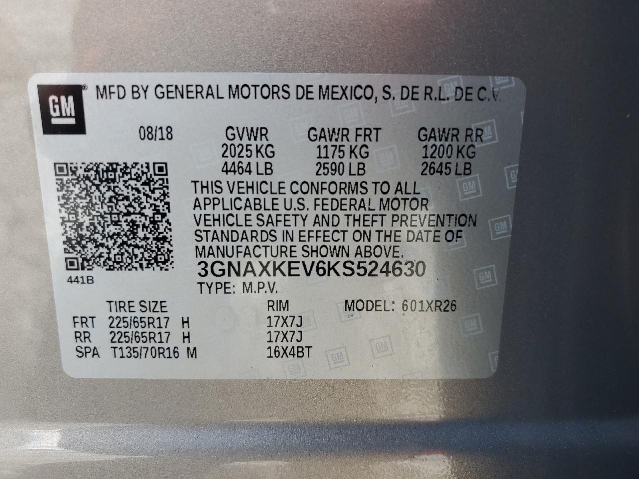 3GNAXKEV6KS524630 2019 Chevrolet Equinox Lt