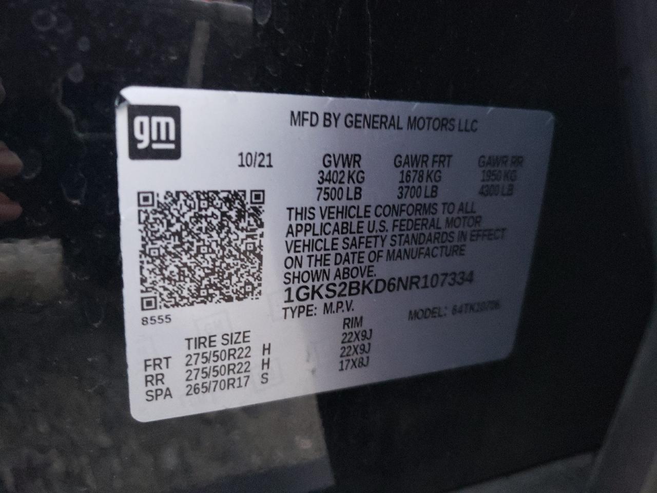 1GKS2BKD6NR107334 2022 GMC Yukon Slt