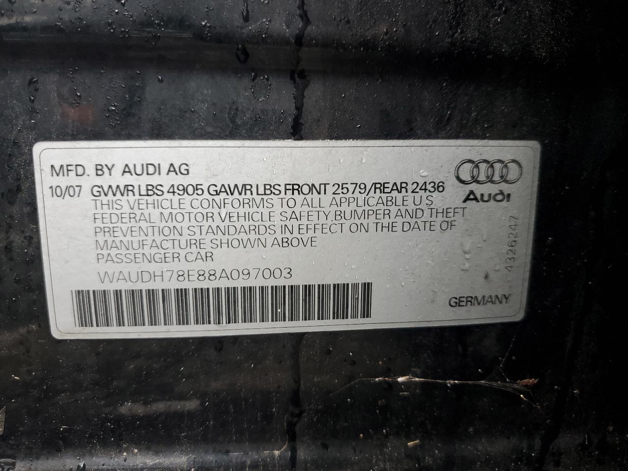 WAUDH78E88A097003 2008 Audi A4 3.2 Quattro