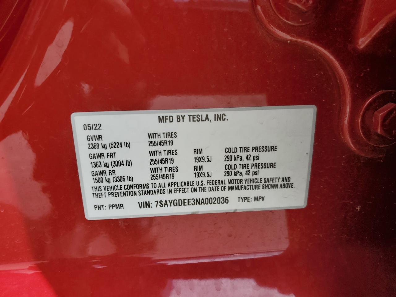 7SAYGDEE3NA002036 2022 Tesla Model Y