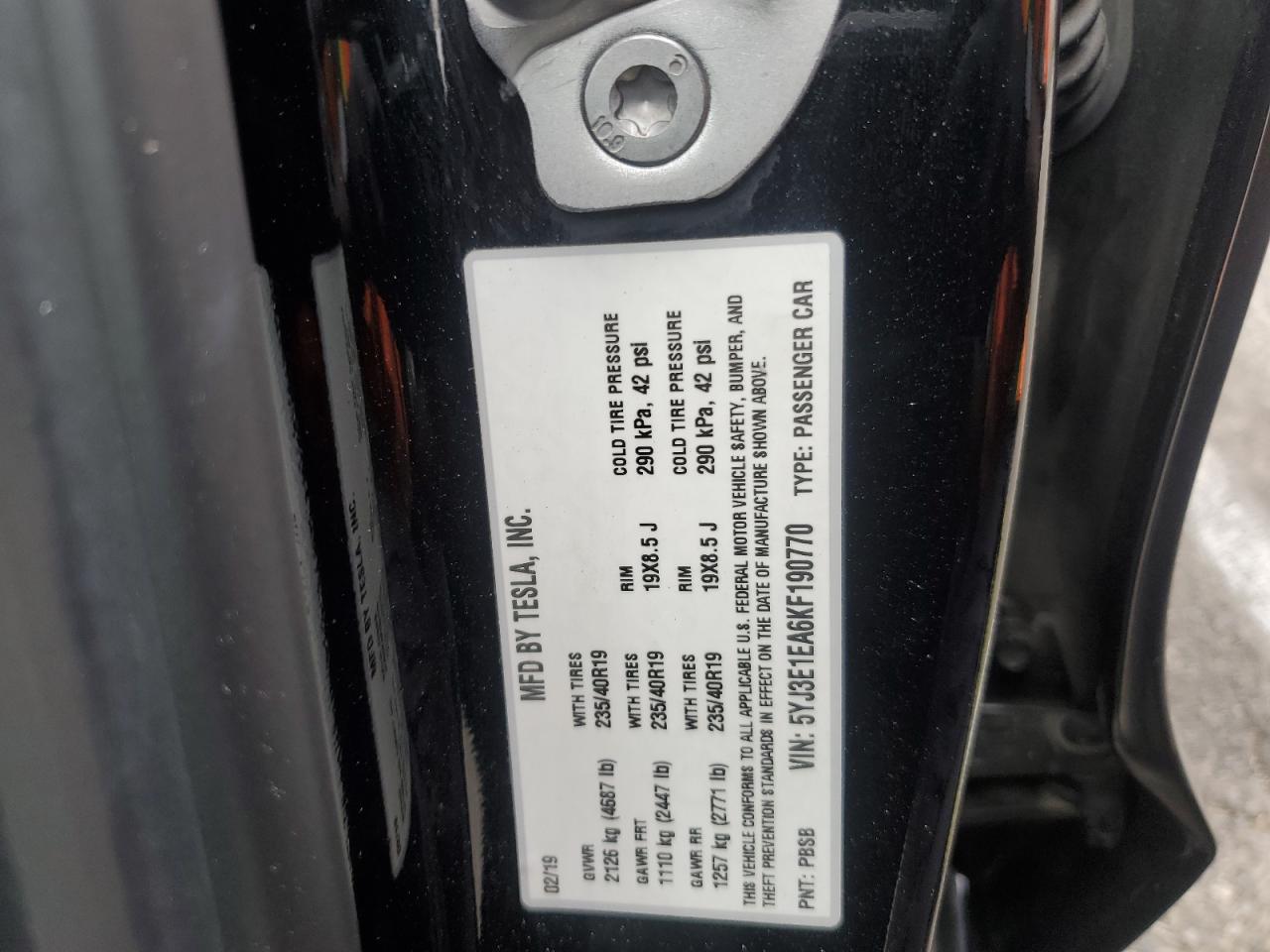 5YJ3E1EA6KF190770 2019 Tesla Model 3