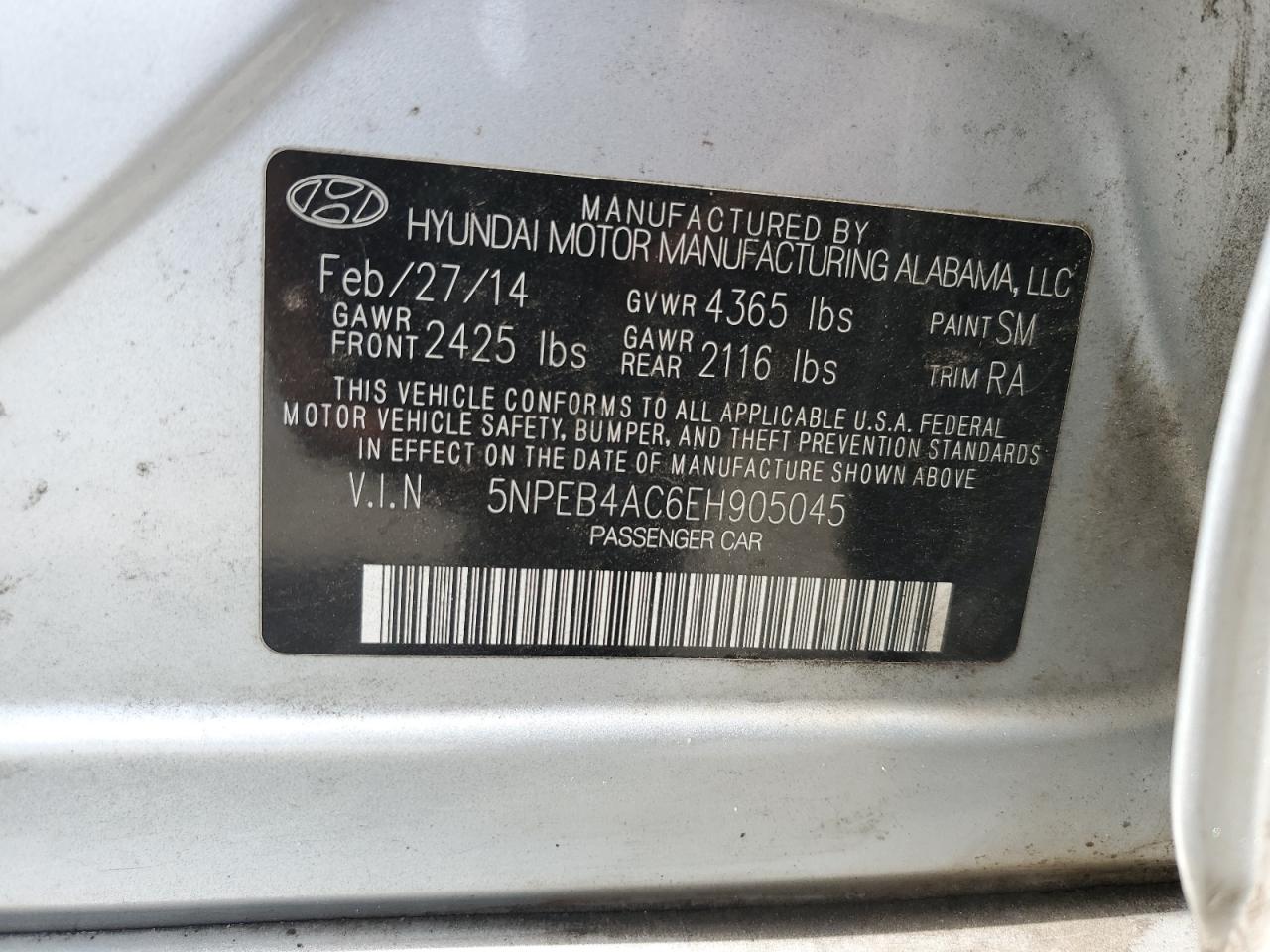 5NPEB4AC6EH905045 2014 Hyundai Sonata Gls