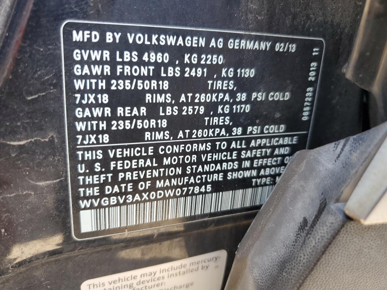 WVGBV3AX0DW077845 2013 Volkswagen Tiguan S