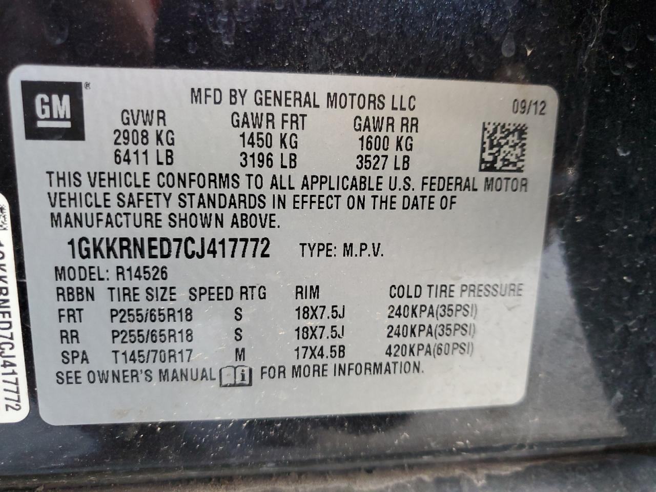 1GKKRNED7CJ417772 2012 GMC Acadia Sle