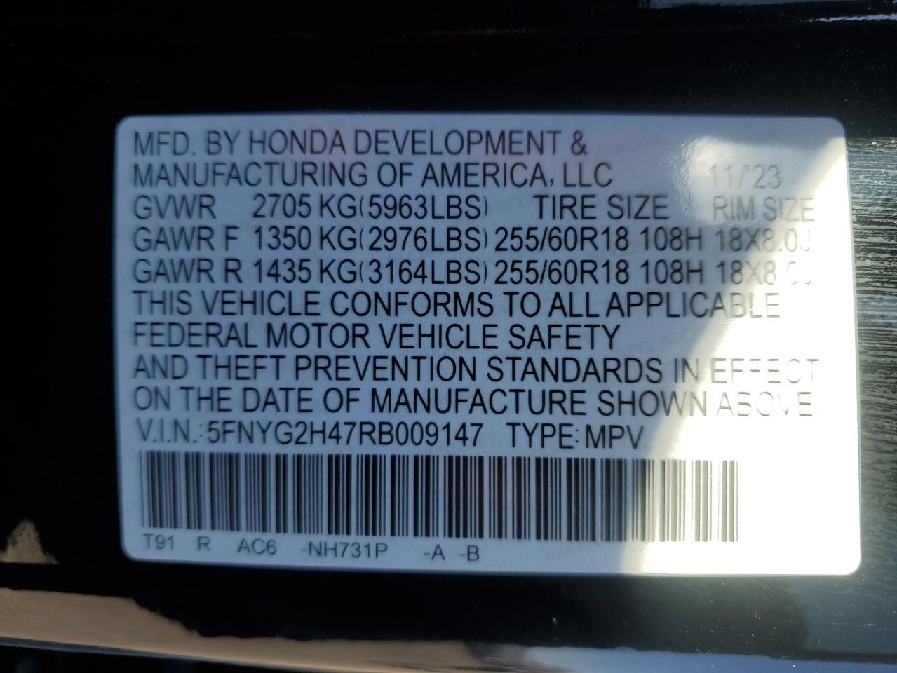 VIN 5FNYG2H47RB009147 2024 HONDA PILOT no.13