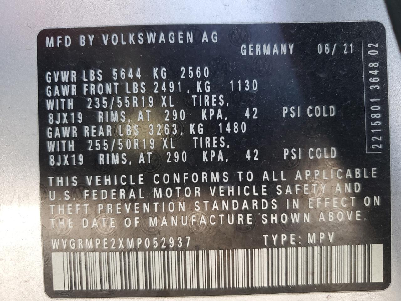 WVGRMPE2XMP052937 2021 Volkswagen Id.4 Pro