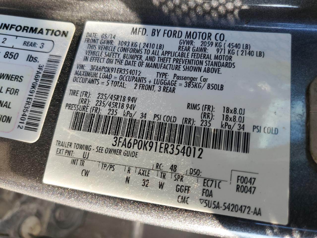 3FA6P0K91ER354012 2014 Ford Fusion Titanium