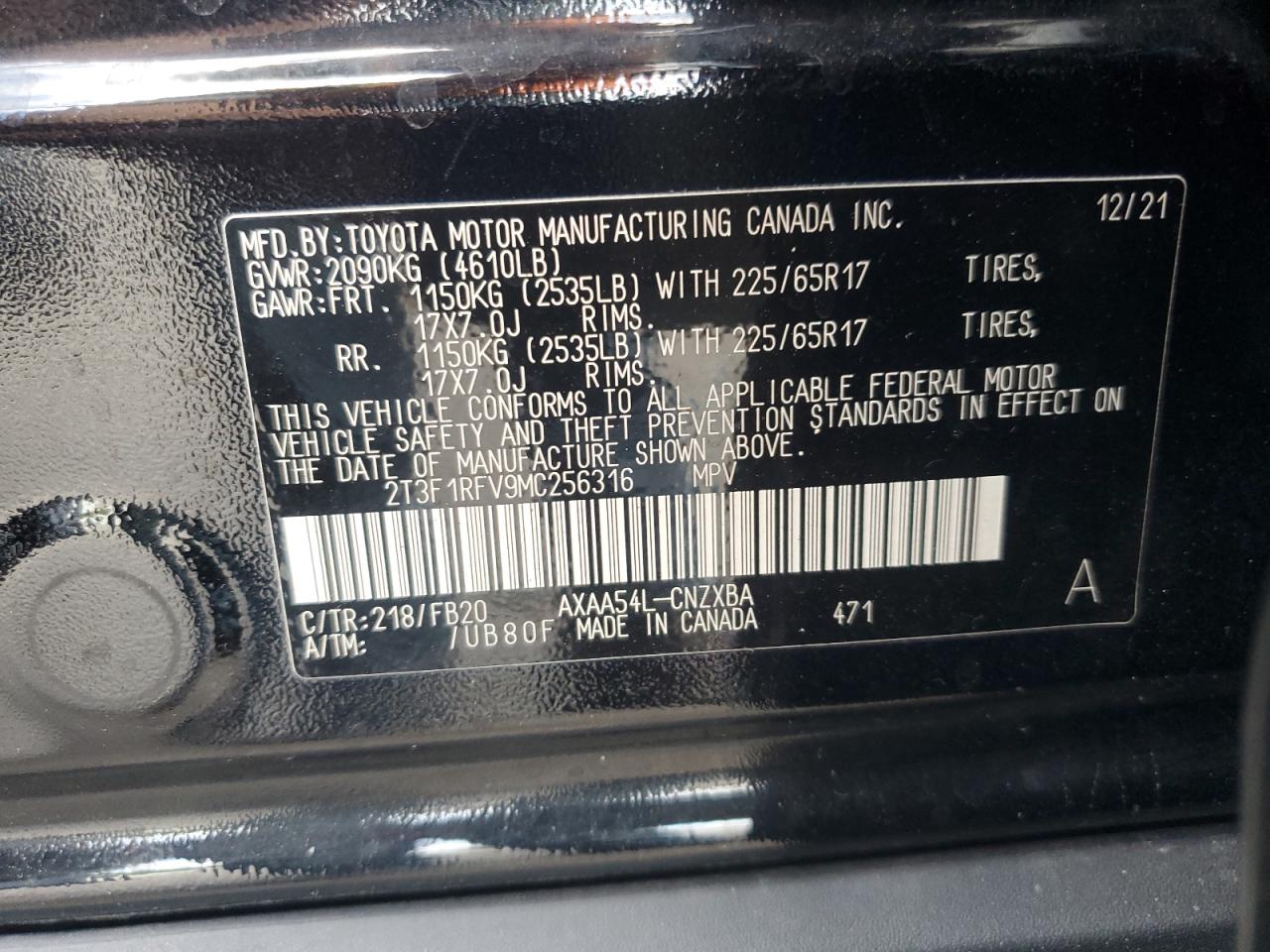 2T3F1RFV9MC256316 2021 Toyota Rav4 Le