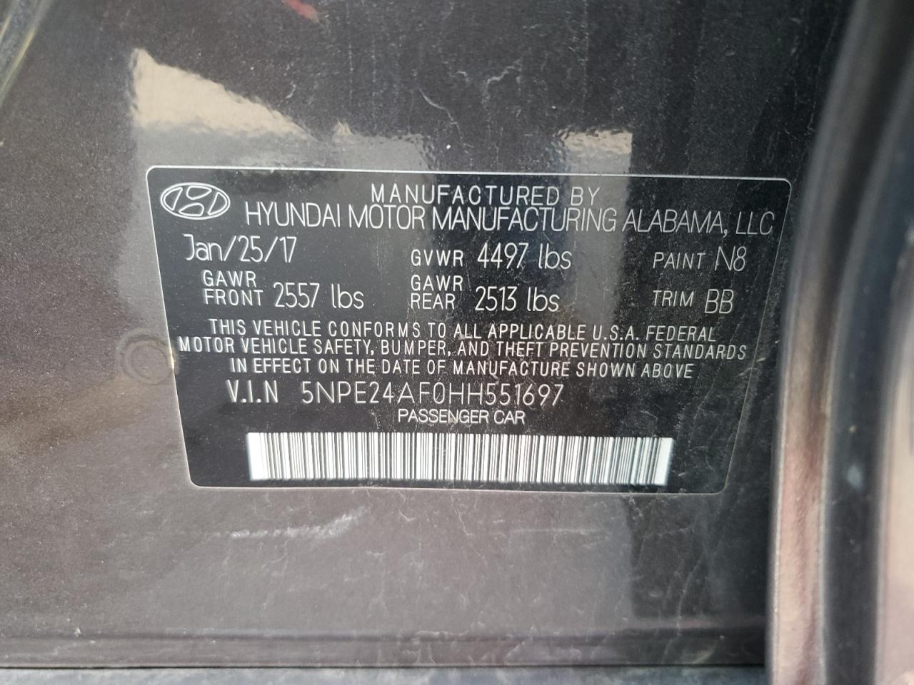 5NPE24AF0HH551697 2017 Hyundai Sonata Se