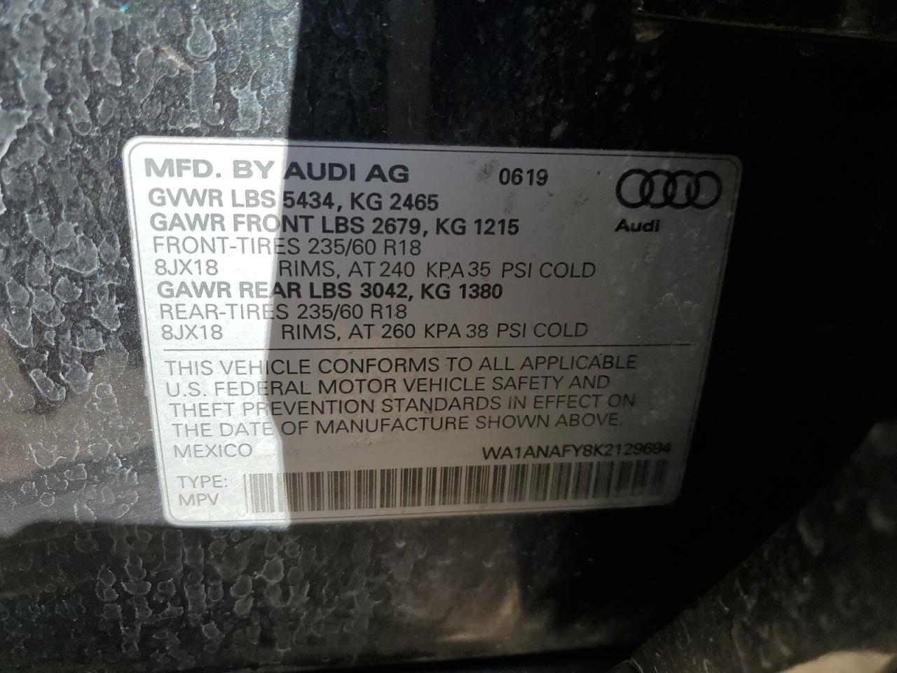 2019 Audi Q5 Premium VIN: WA1ANAFY8K2129694 Lot: 70728384