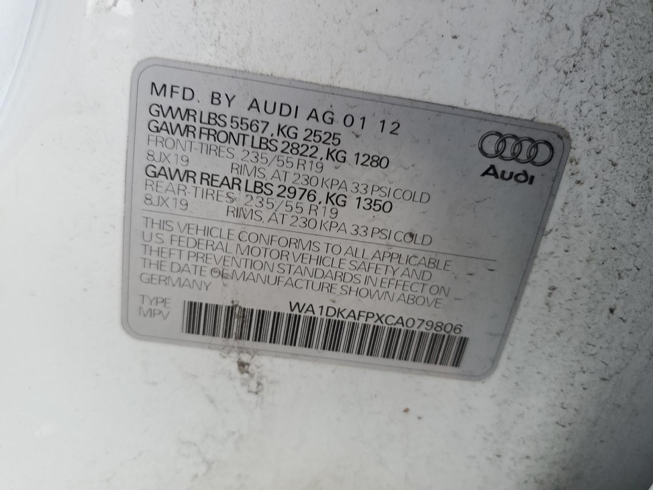 2012 Audi Q5 Premium Plus VIN: WA1DKAFPXCA079806 Lot: 70466104