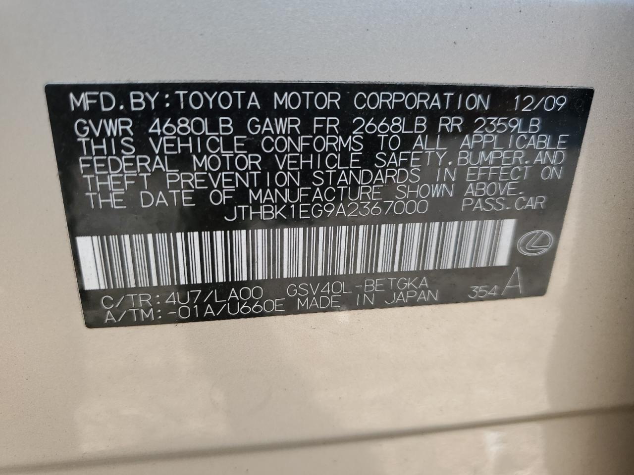 JTHBK1EG9A2367000 2010 Lexus Es 350