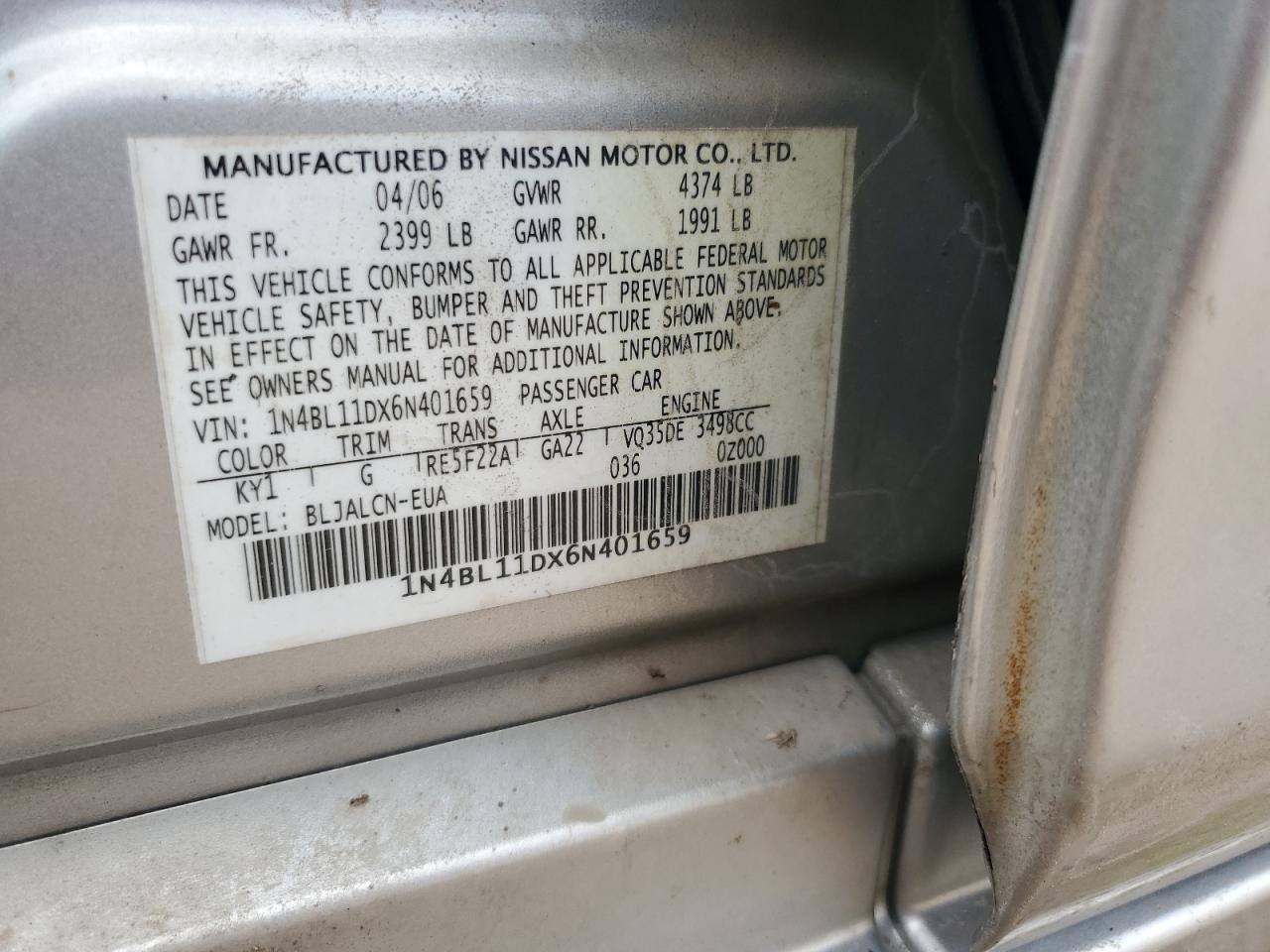 1N4BL11DX6N401659 2006 Nissan Altima Se