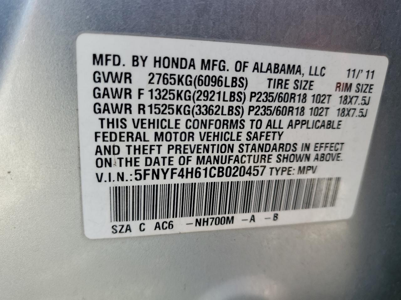 5FNYF4H61CB020457 2012 Honda Pilot Exl