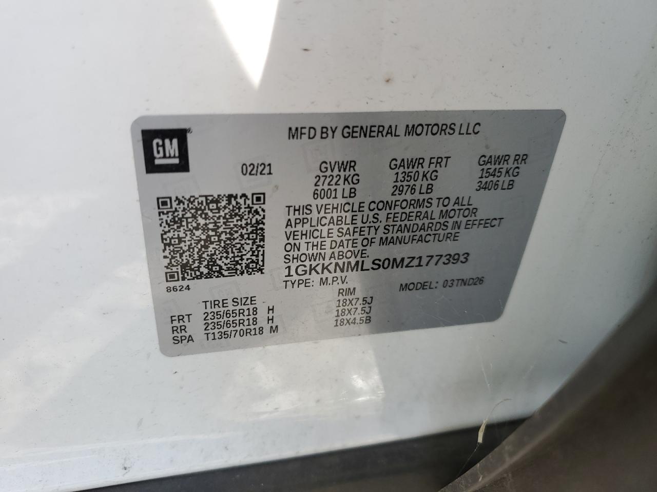 1GKKNMLS0MZ177393 2021 GMC Acadia Slt