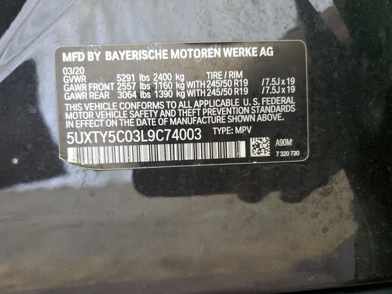 2020 BMW X3 xDrive30I VIN: 5UXTY5C03L9C74003 Lot: 71486324