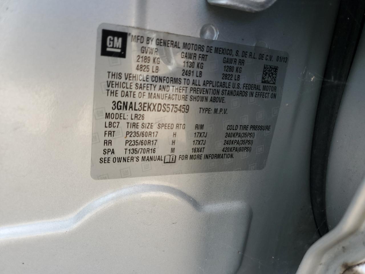 2013 Chevrolet Captiva Lt VIN: 3GNAL3EKXDS575459 Lot: 61446325