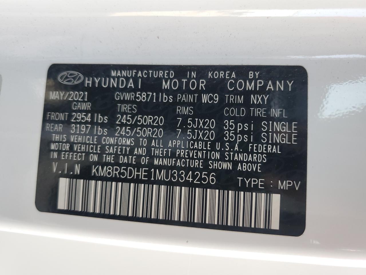 KM8R5DHE1MU334256 2021 Hyundai Palisade Limited