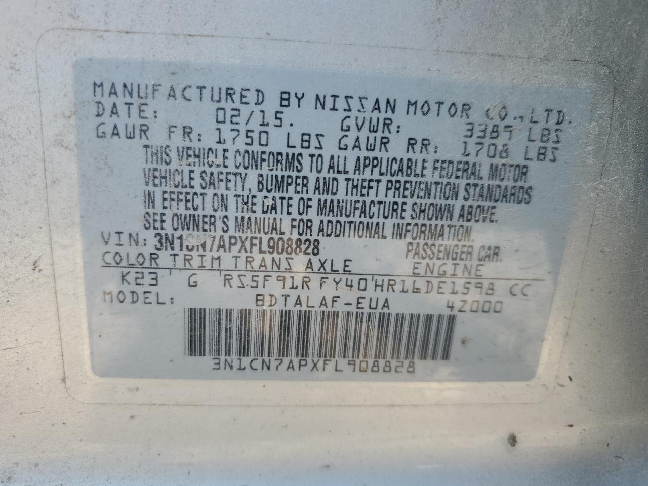 3N1CN7APXFL908828 2015 Nissan Versa S