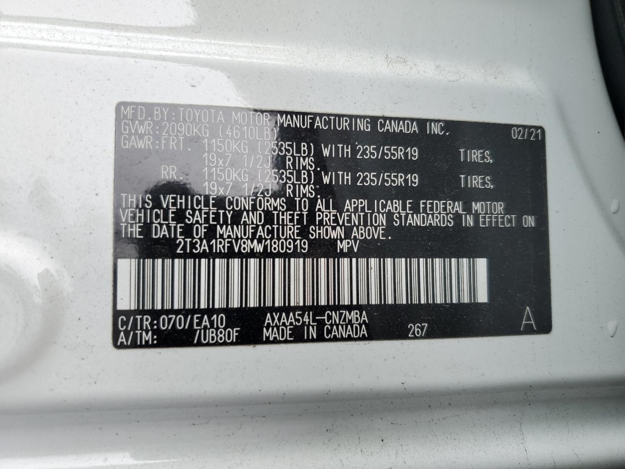 VIN 2T3A1RFV8MW180919 2021 TOYOTA RAV4 no.13