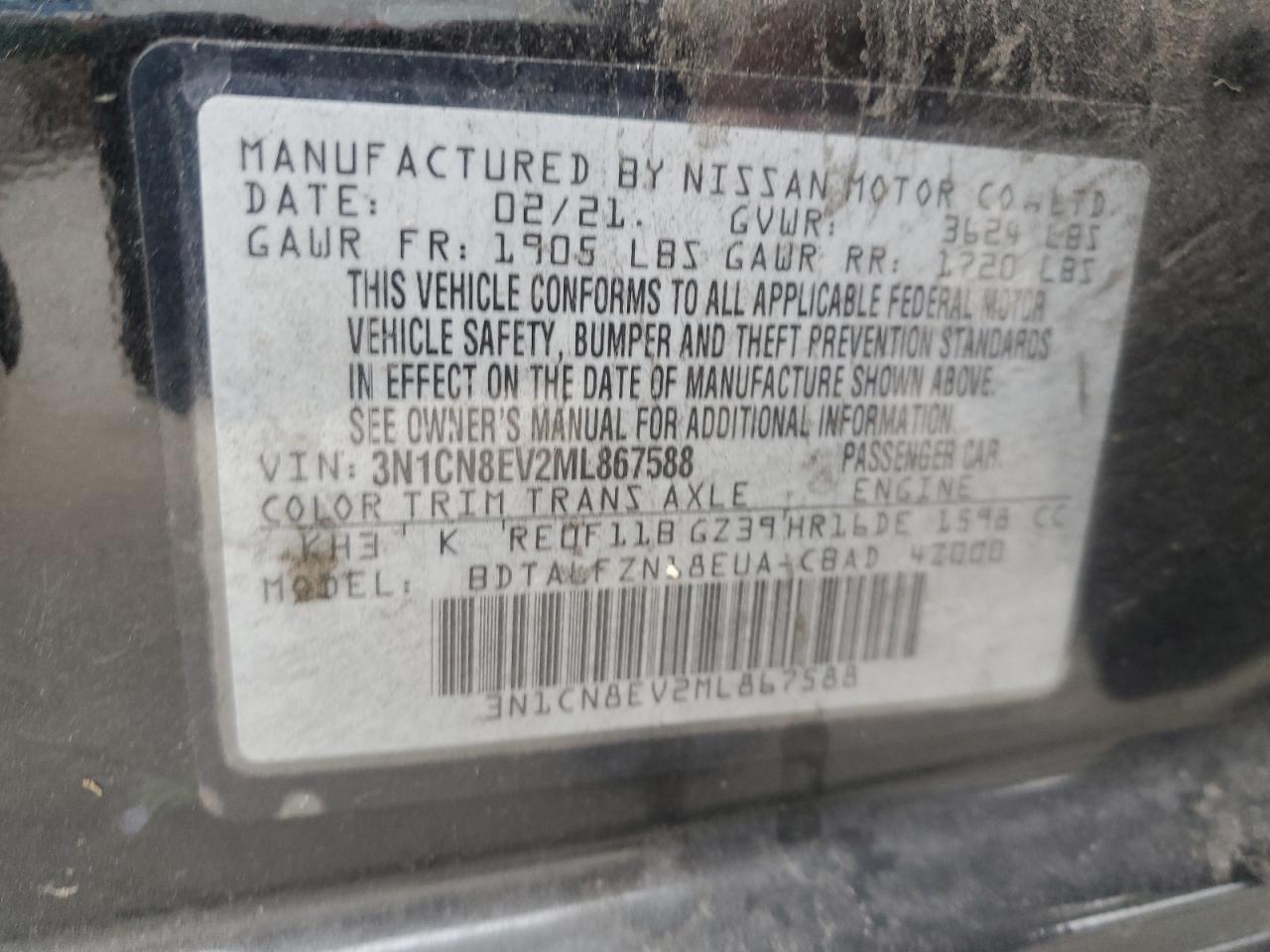 3N1CN8EV2ML867588 2021 Nissan Versa Sv