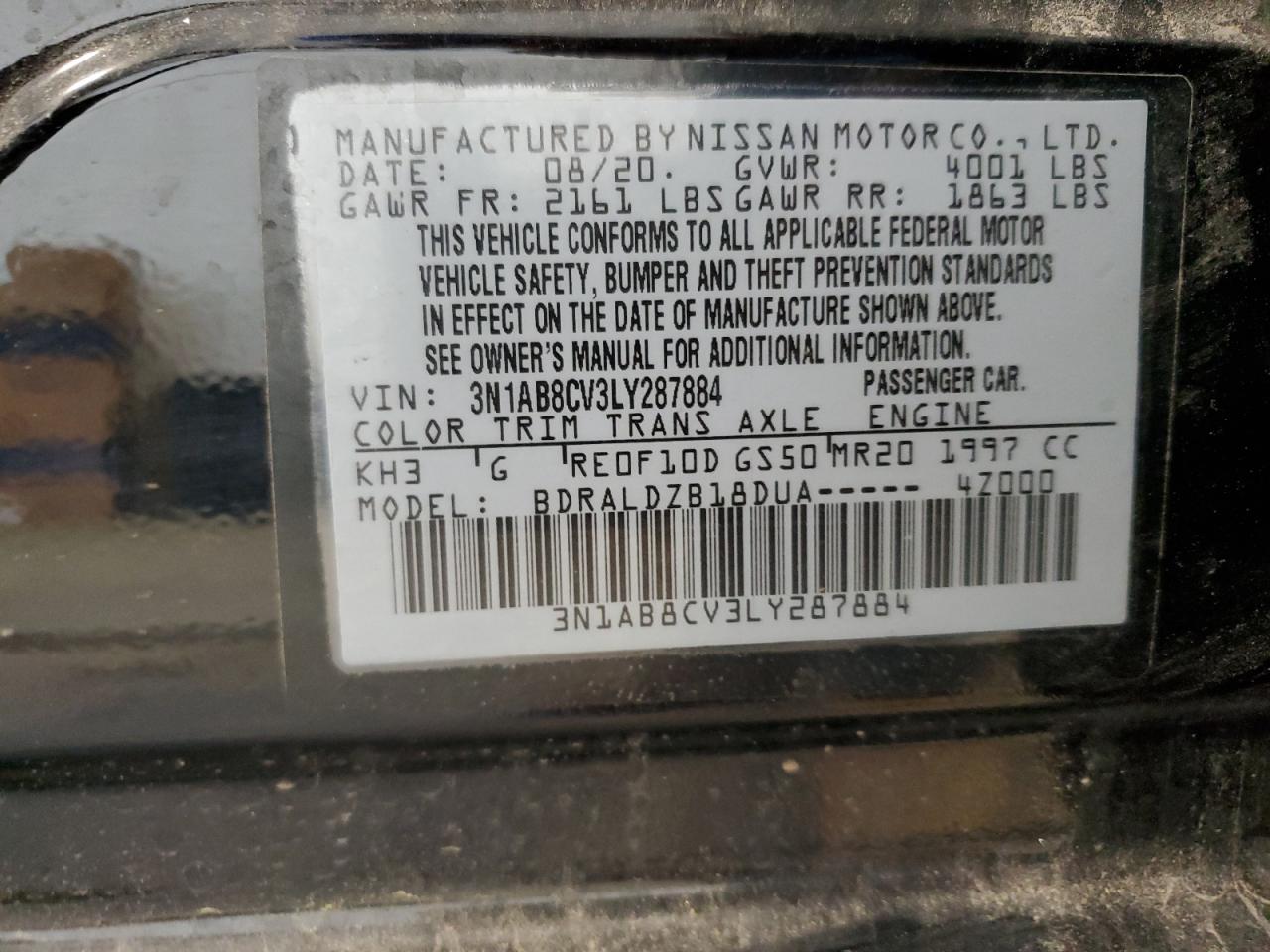 3N1AB8CV3LY287884 2020 Nissan Sentra Sv