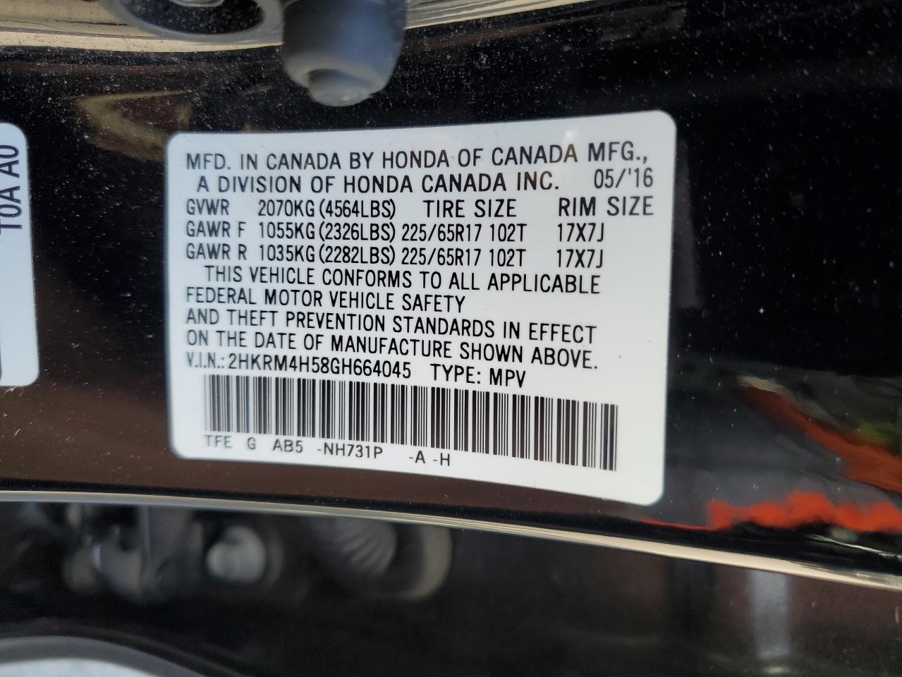 2HKRM4H58GH664045 2016 Honda Cr-V Ex