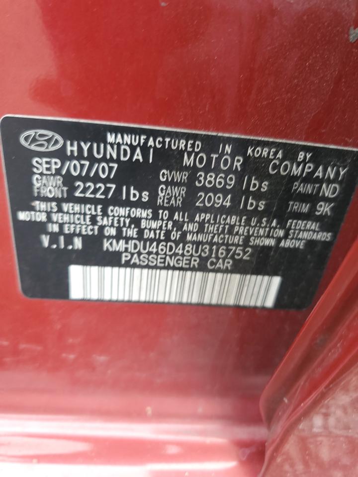 KMHDU46D48U316752 2008 Hyundai Elantra Gls