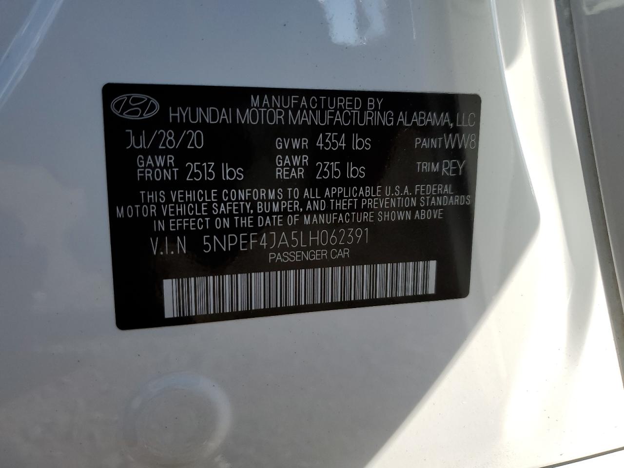 5NPEF4JA5LH062391 2020 Hyundai Sonata Sel