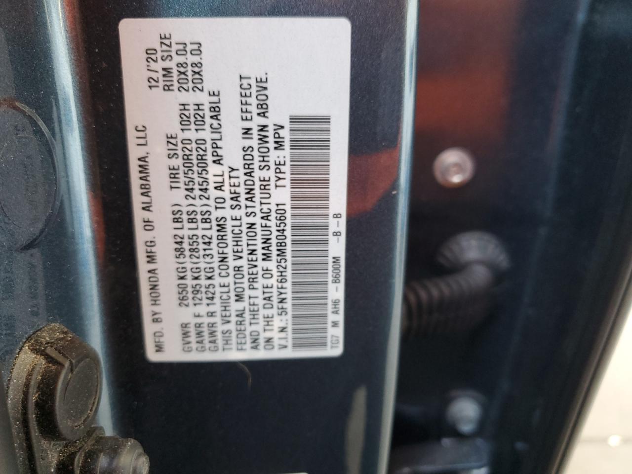 5FNYF6H25MB045601 2021 Honda Pilot Se