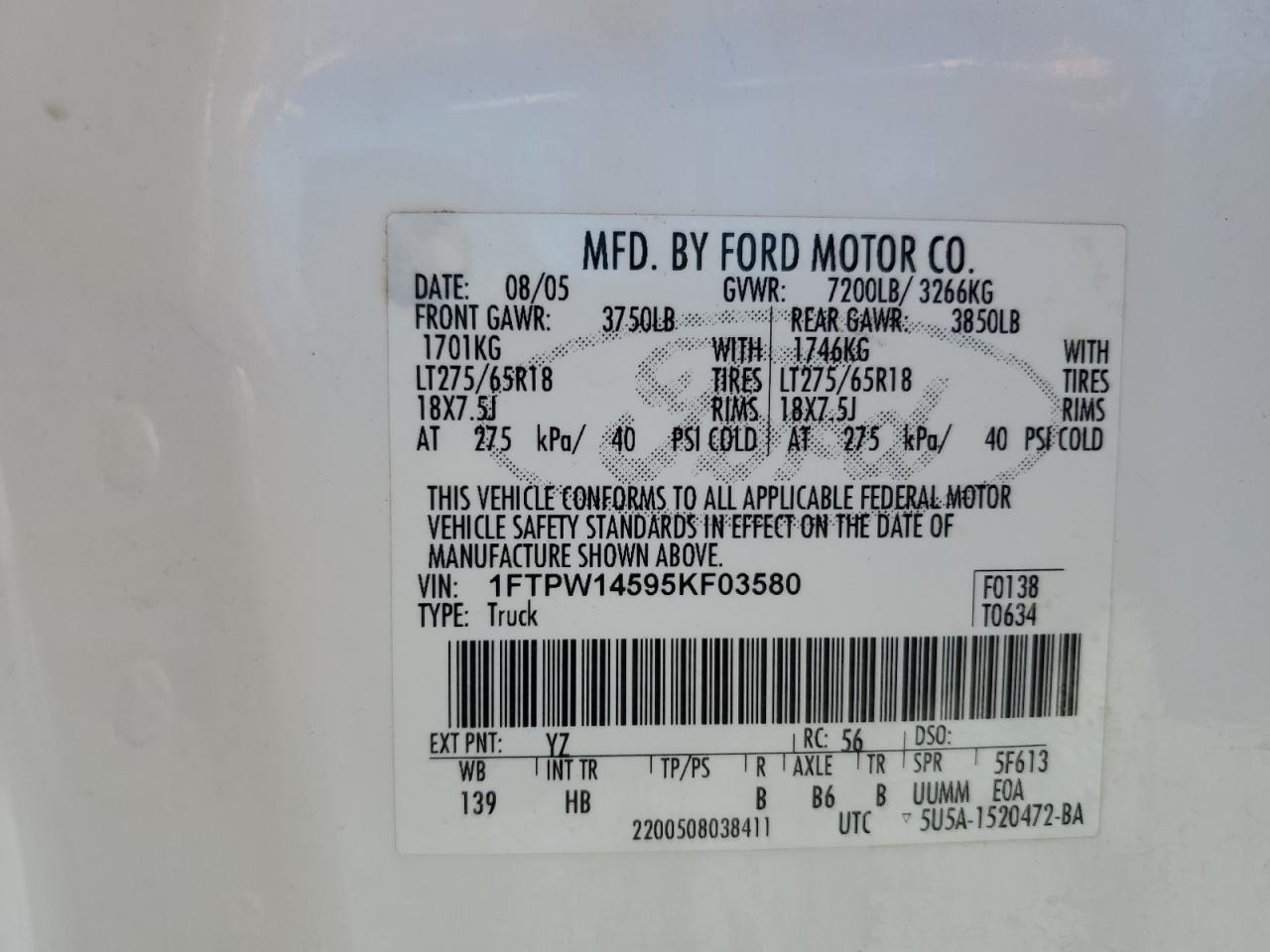 1FTPW14595KF03580 2005 Ford F150 Supercrew