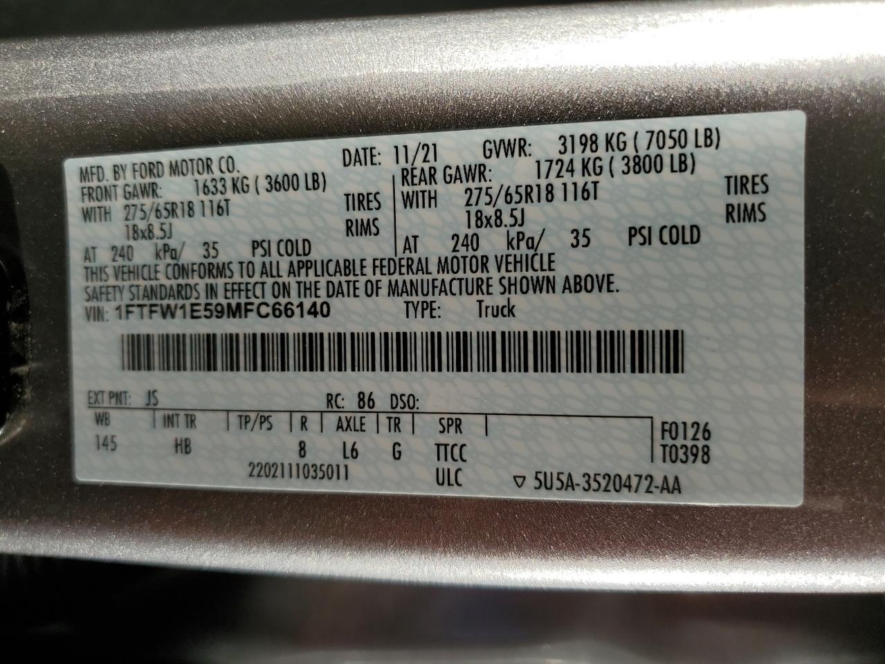 2021 Ford F150 Supercrew VIN: 1FTFW1E59MFC66140 Lot: 71640614