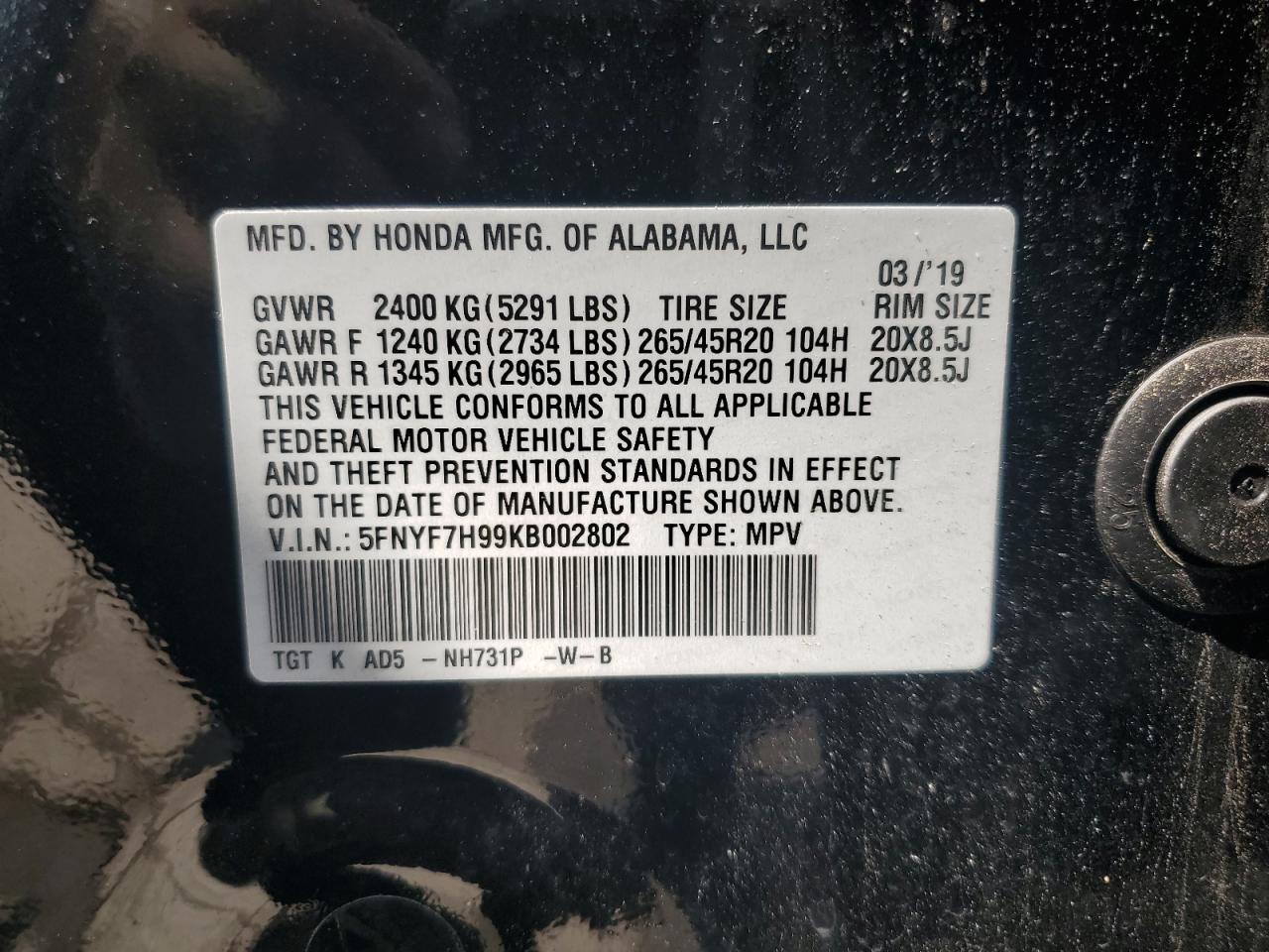 5FNYF7H99KB002802 2019 Honda Passport Touring