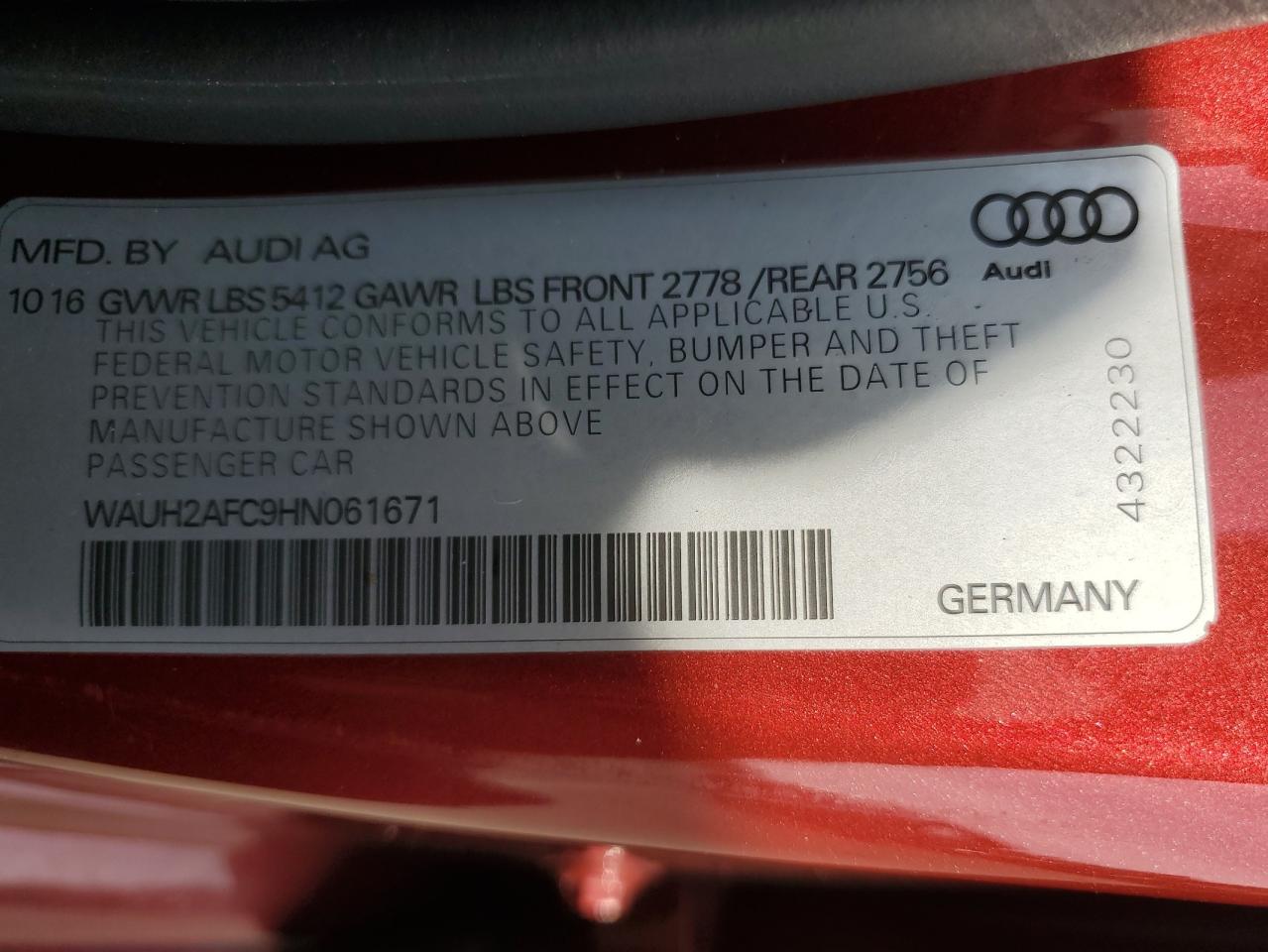 WAUH2AFC9HN061671 2017 Audi A6 Prestige