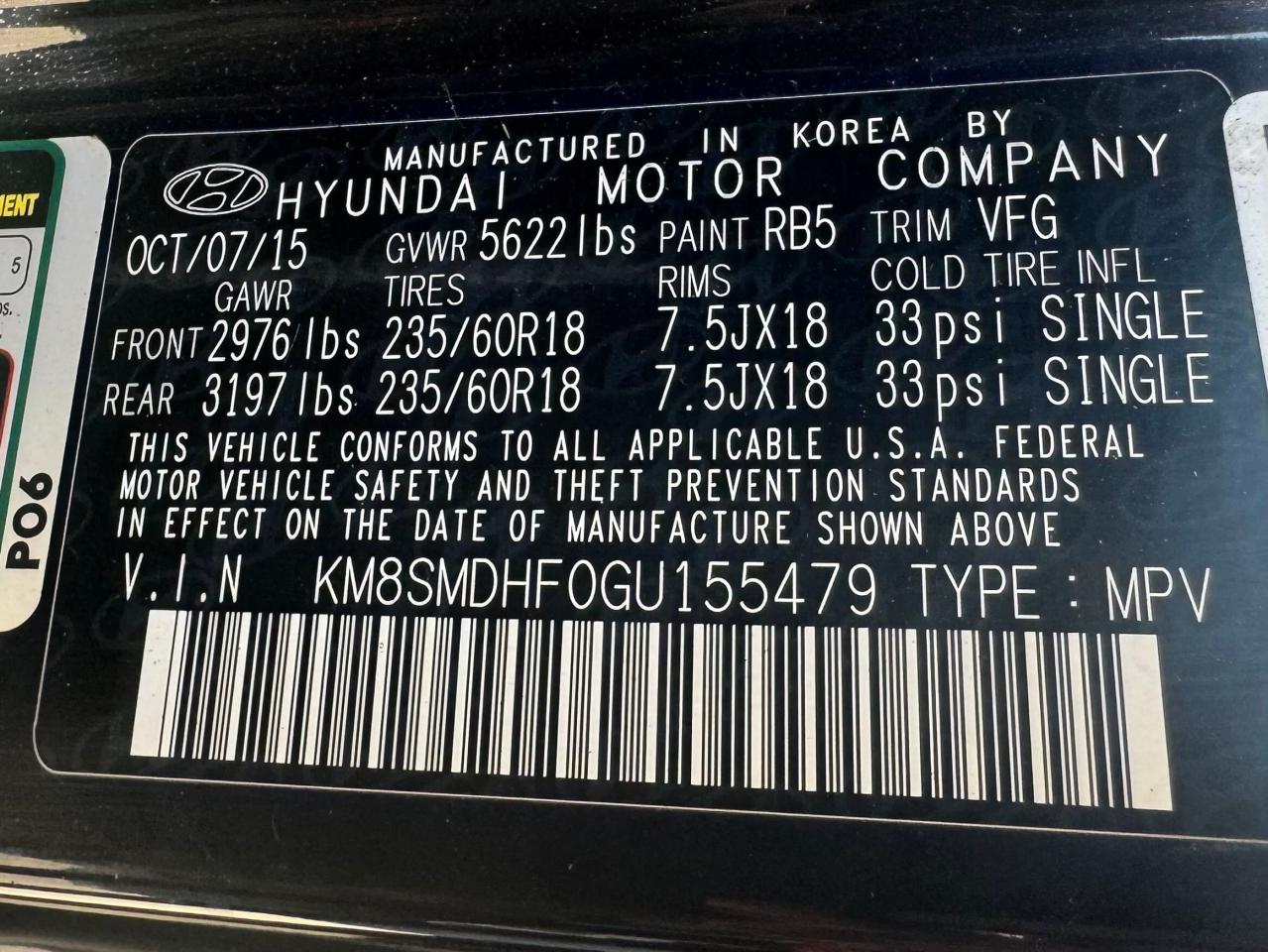 KM8SMDHF0GU155479 2016 Hyundai Santa Fe Se