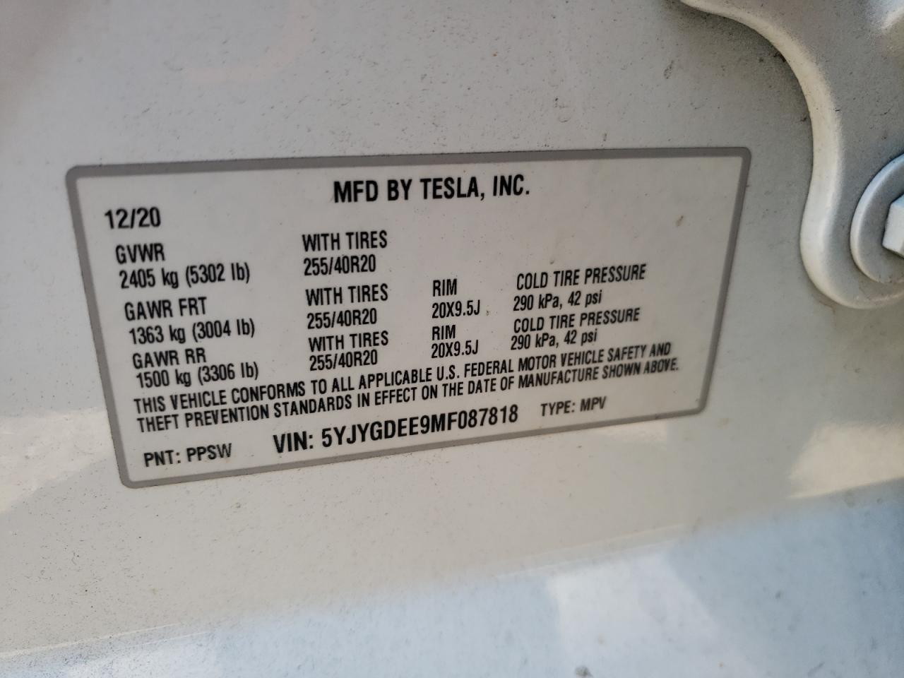 5YJYGDEE9MF087818 2021 Tesla Model Y