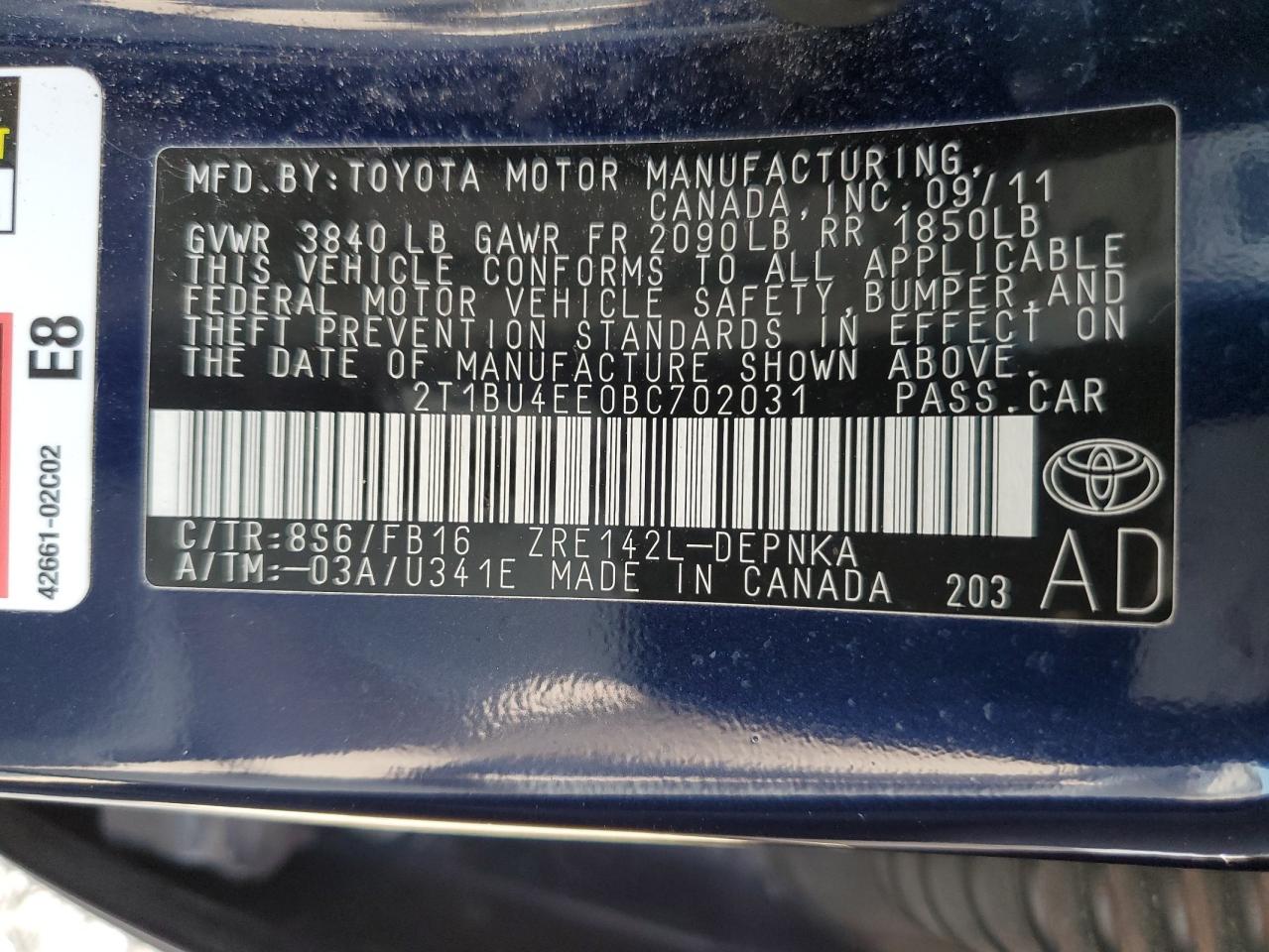 2011 Toyota Corolla Base VIN: 2T1BU4EE0BC702031 Lot: 70209024