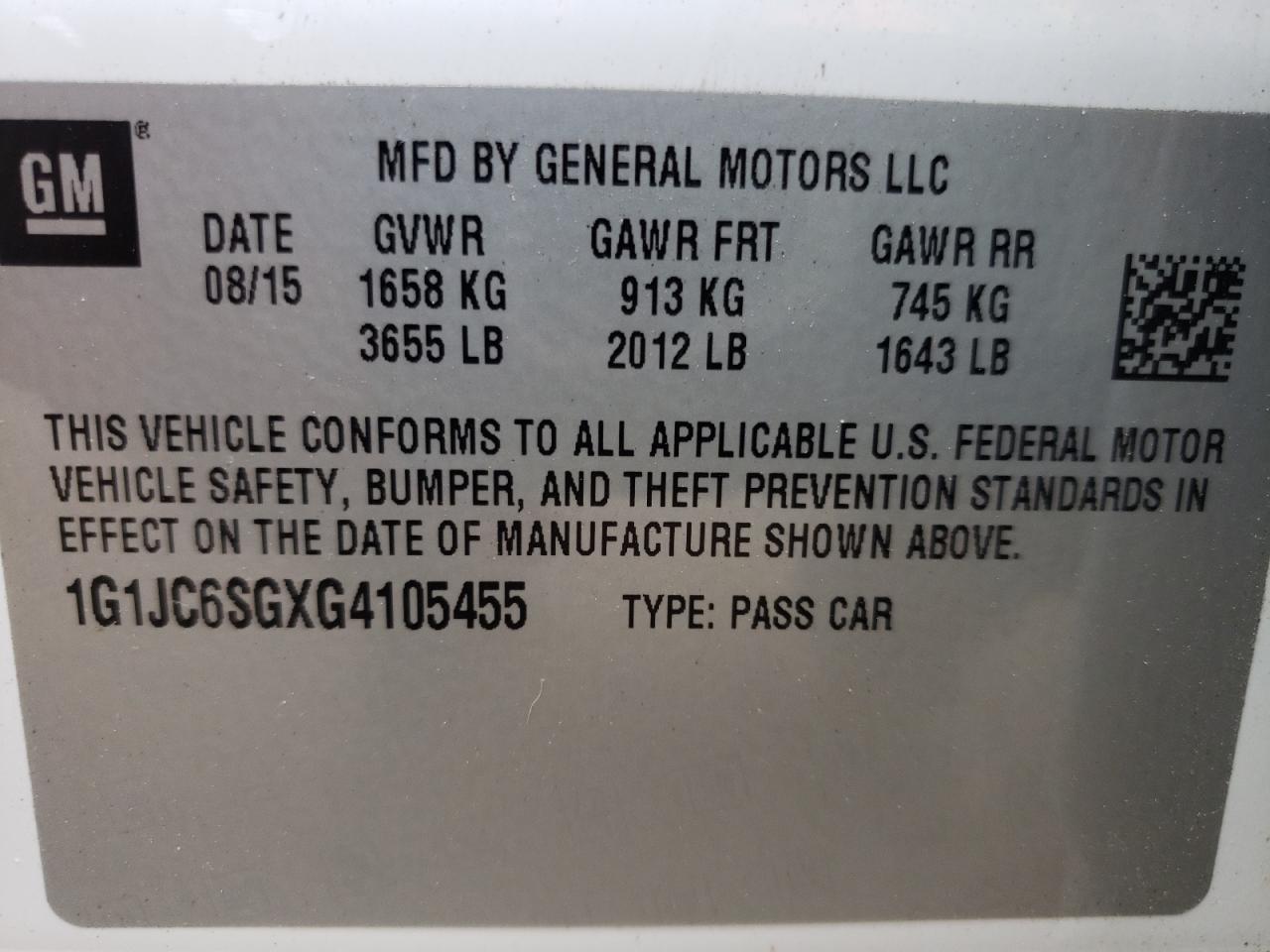 1G1JC6SGXG4105455 2016 Chevrolet Sonic Lt