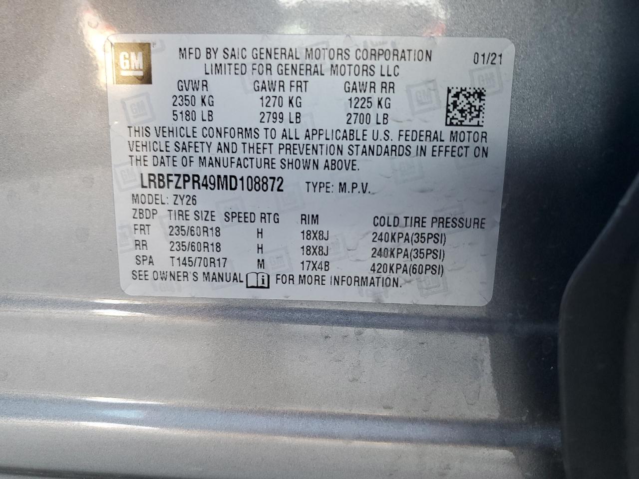 LRBFZPR49MD108872 2021 Buick Envision Essence