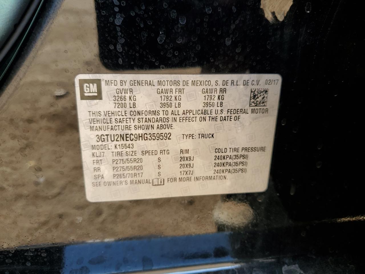 3GTU2NEC9HG359592 2017 GMC Sierra K1500 Slt