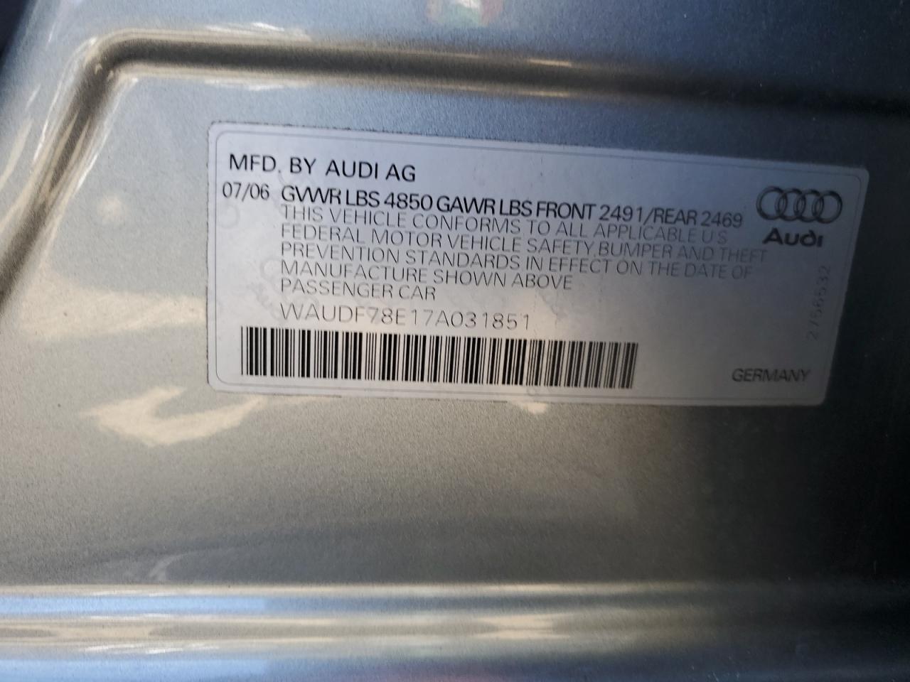 WAUDF78E17A031851 2007 Audi A4 2.0T Quattro