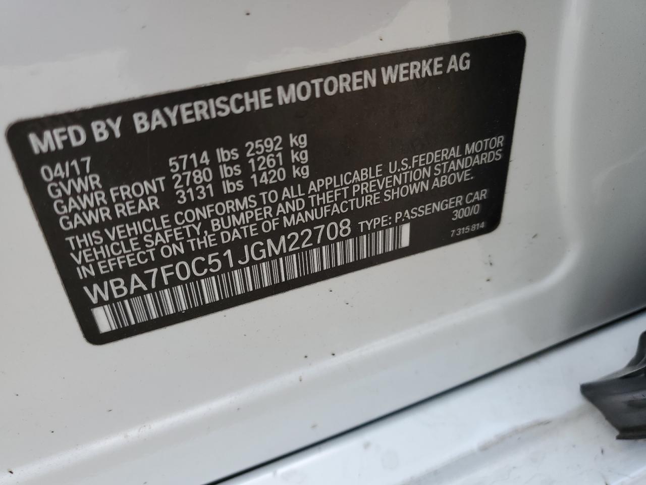 WBA7F0C51JGM22708 2018 BMW 750 I