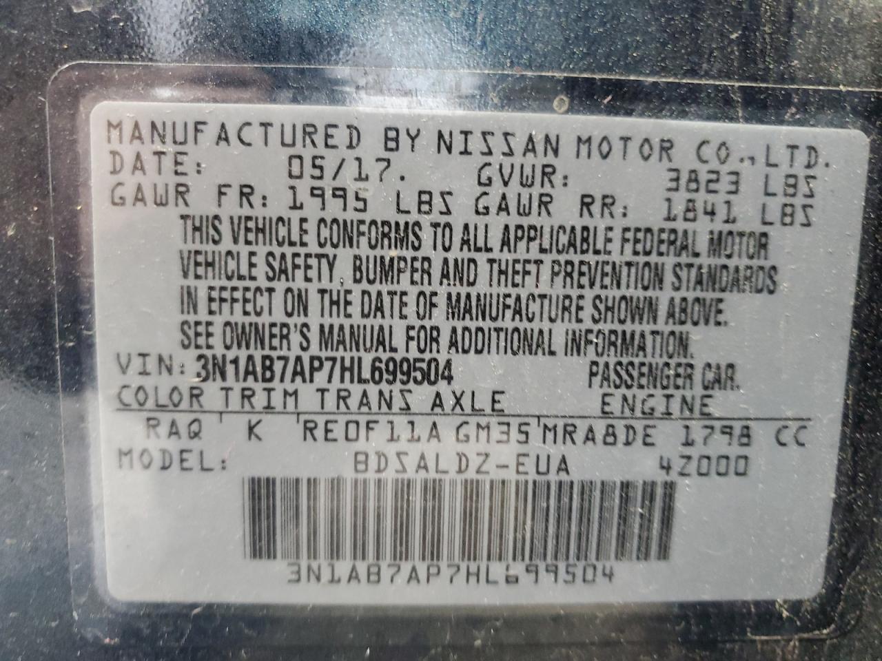 3N1AB7AP7HL699504 2017 Nissan Sentra S