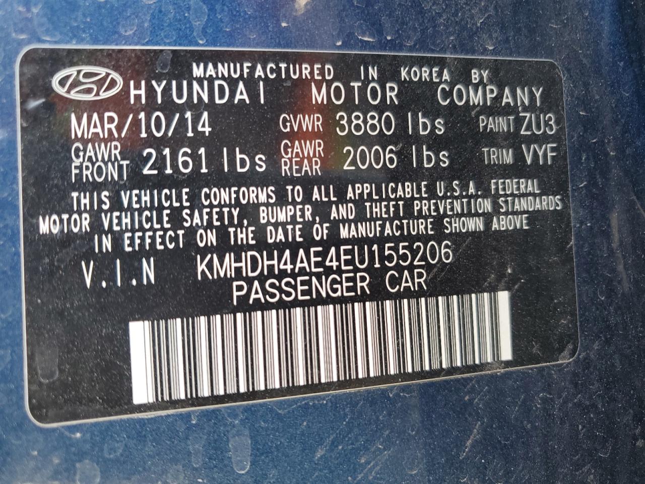 2014 Hyundai Elantra Se VIN: KMHDH4AE4EU155206 Lot: 69449294