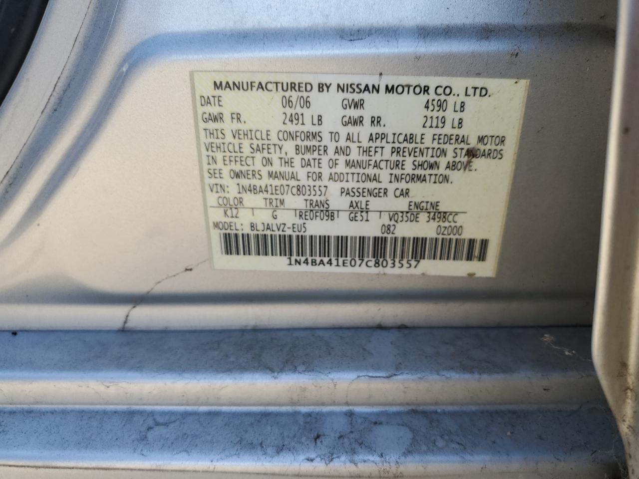 1N4BA41E07C803557 2007 Nissan Maxima Se