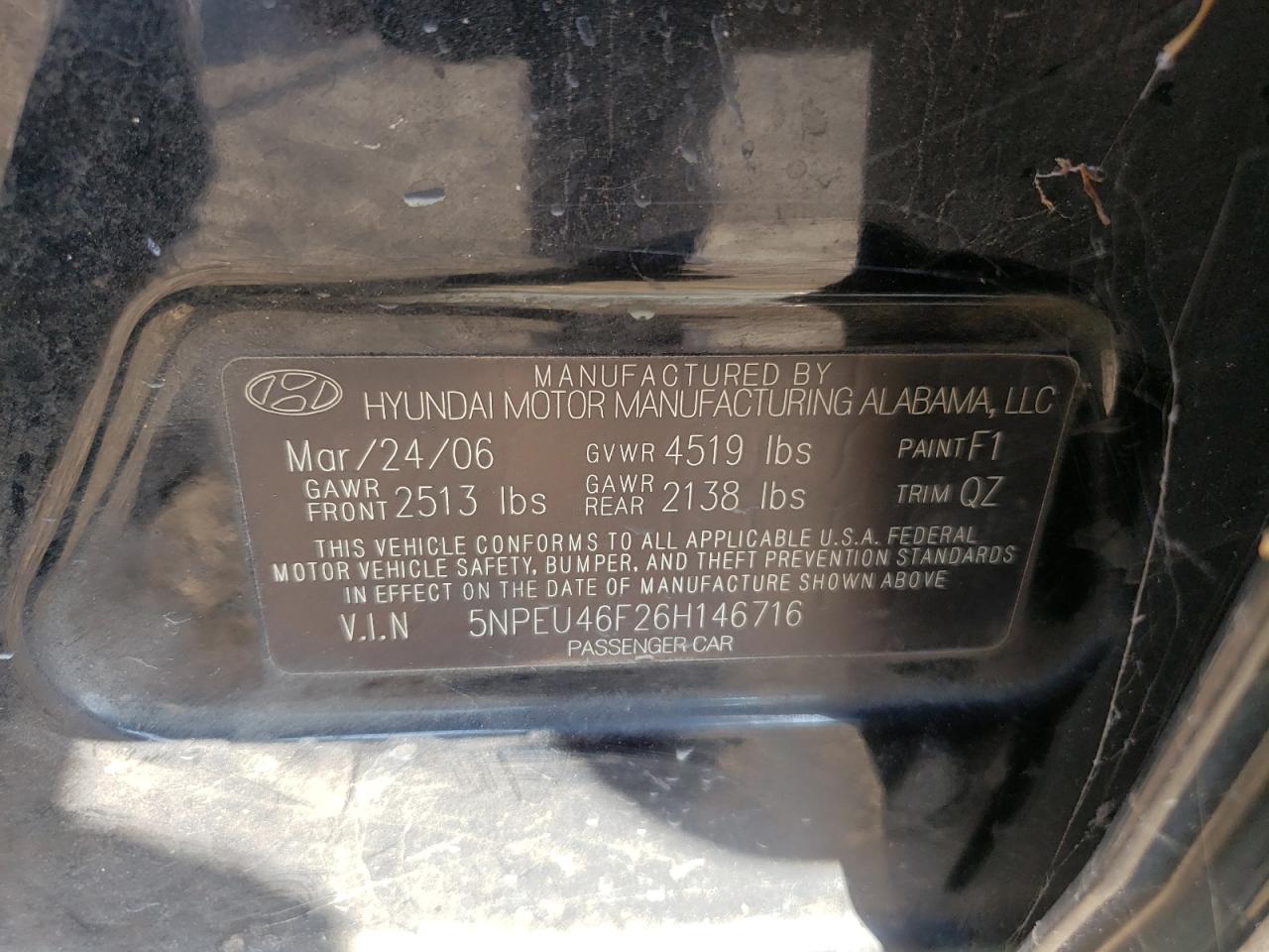 5NPEU46F26H146716 2006 Hyundai Sonata Gls