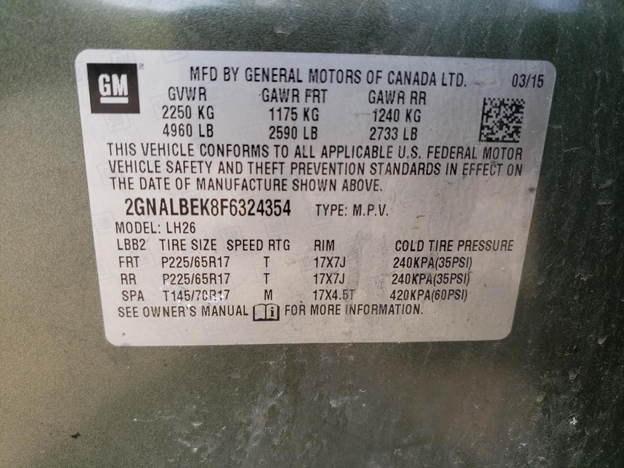 2GNALBEK8F6324354 2015 Chevrolet Equinox Lt