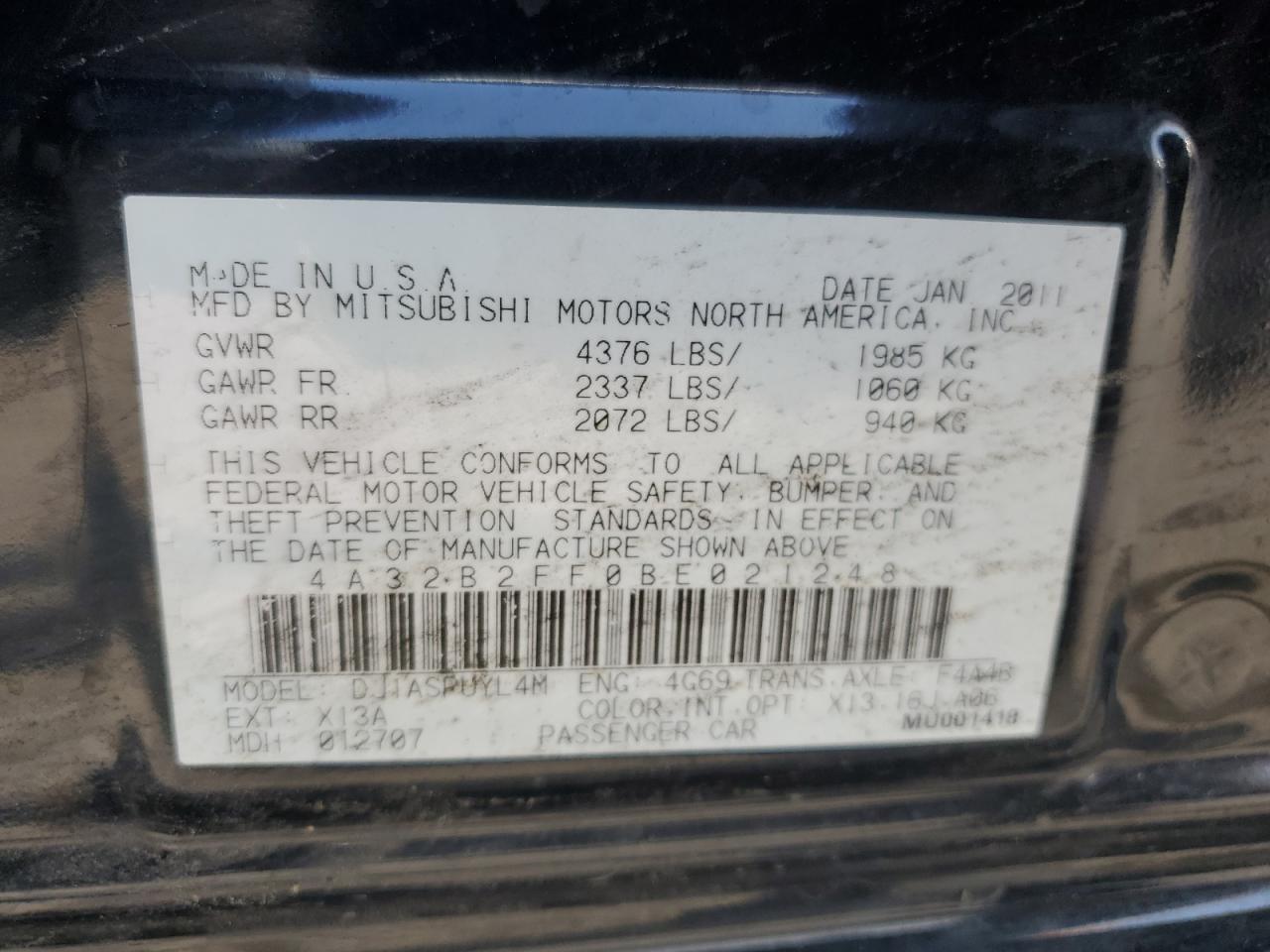 4A32B2FF0BE021248 2011 Mitsubishi Galant Fe