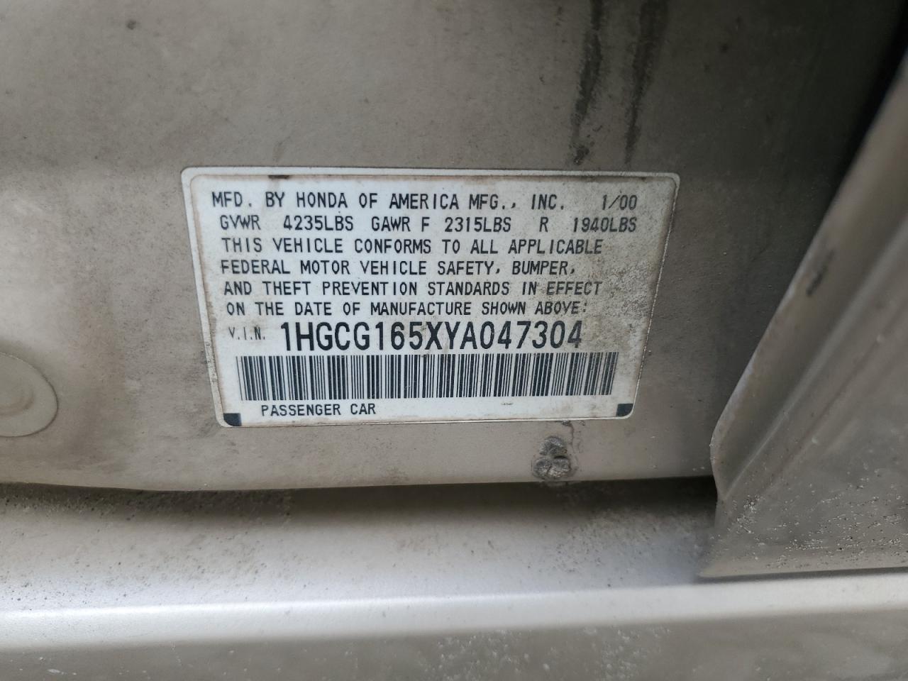 1HGCG165XYA047304 2000 Honda Accord Ex